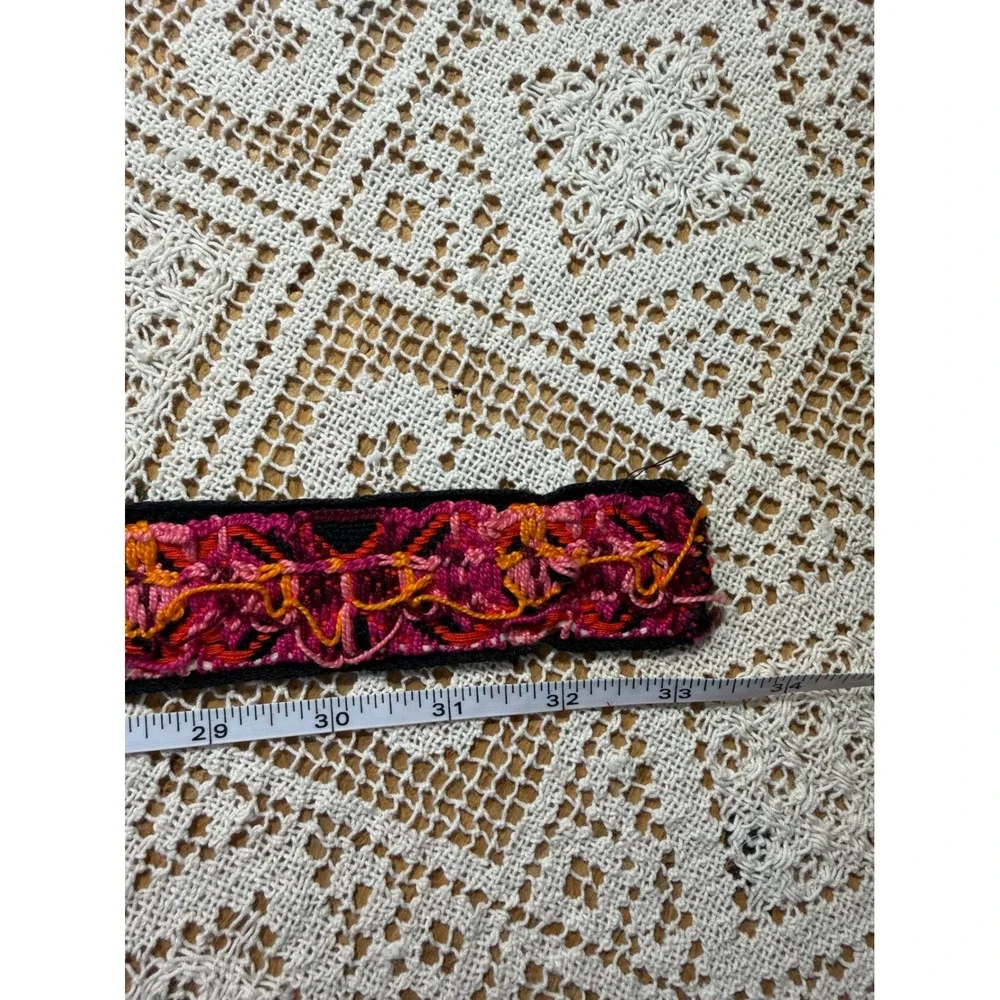 Vtg Woven Geometric Diamond Belt Pink Orange Boho Textile Black Round Buckle 33